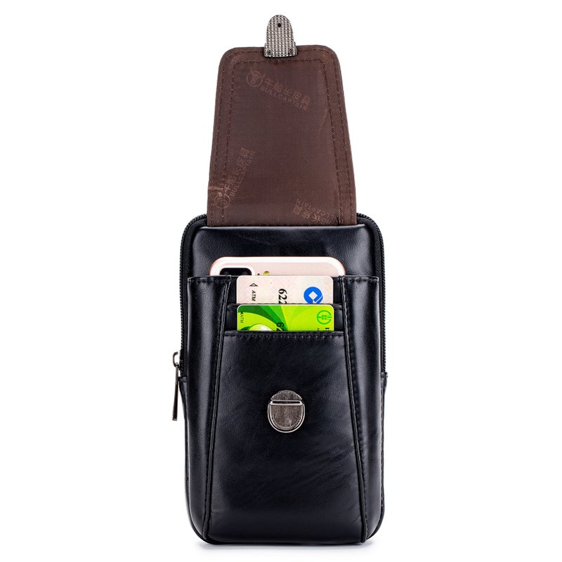 Leather Belt Bag: Black High-Quality Cow Leather & Metal Hardware - Durable Zippered Main Compartment Belt Pouch with Adjustable Removable Shoulder Strap for Waist Crossbody Daily Use - Image 5