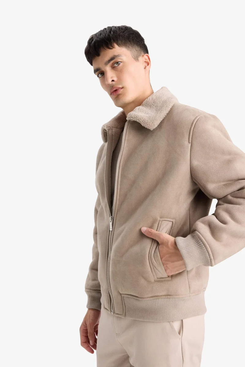 Defacto  Slim Fit Shearling Polo Collar Lined Suede Jacket for Men | Best Price UAE