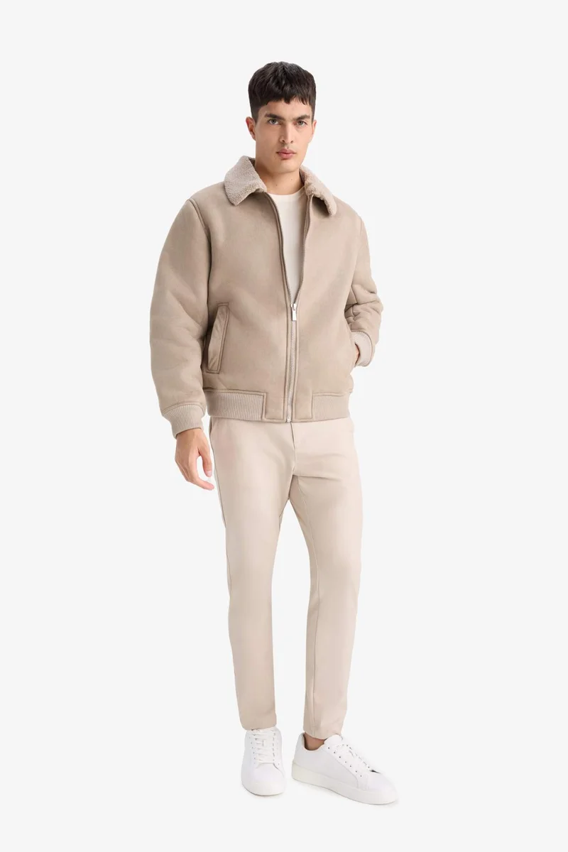 Defacto  Slim Fit Shearling Polo Collar Lined Suede Jacket for Men | Best Price UAE