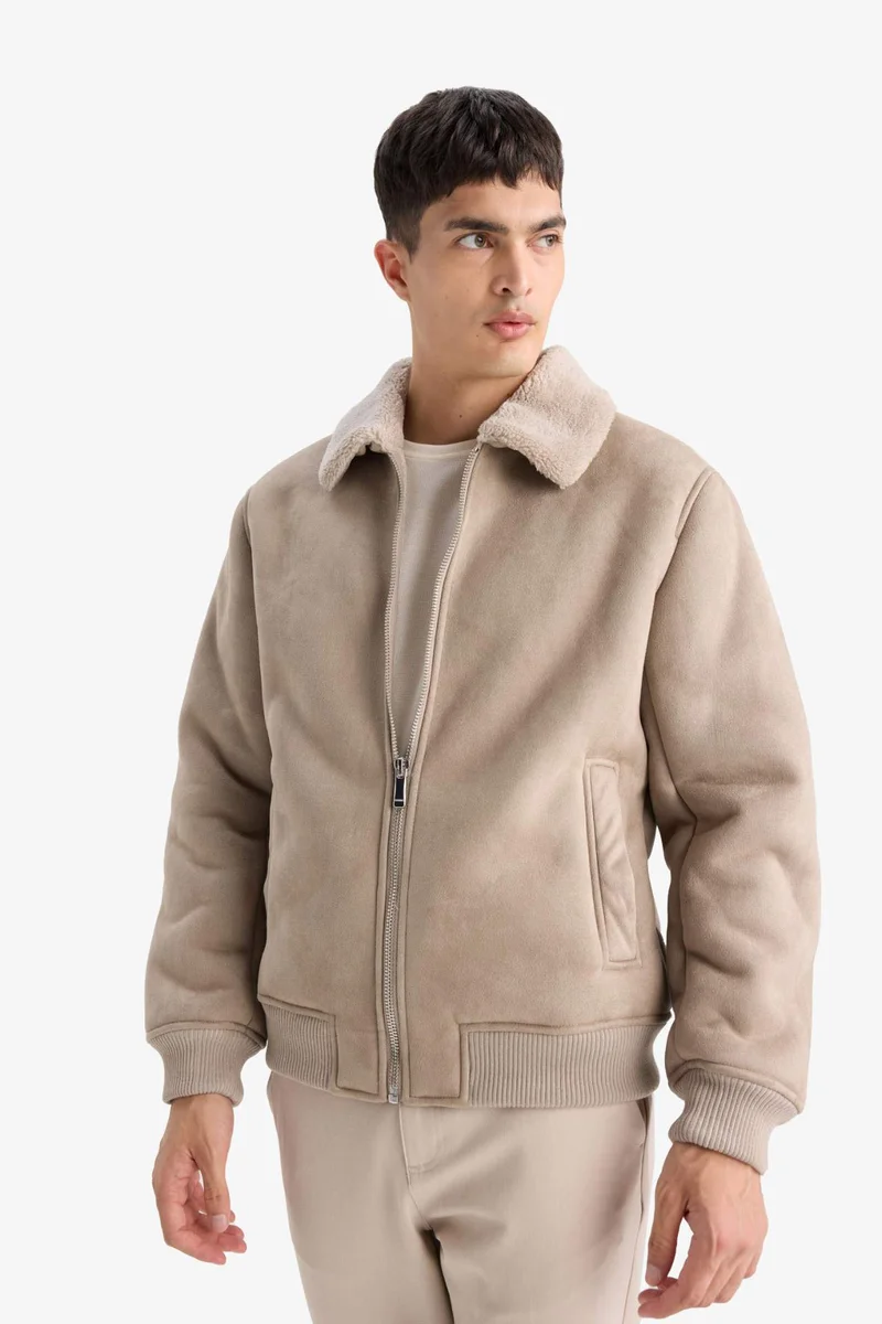 Defacto  Slim Fit Shearling Polo Collar Lined Suede Jacket for Men | Best Price UAE