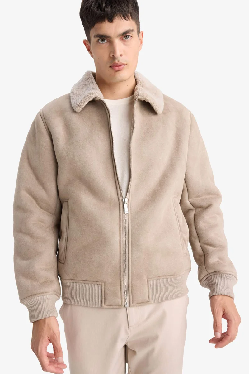 Slim Fit Shearling Polo Collar Lined Suede Jacket