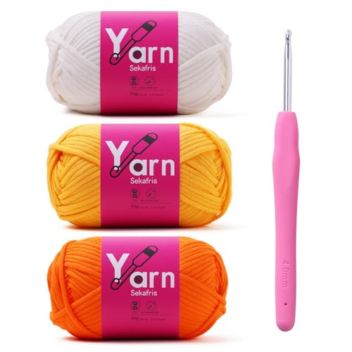 Sekafris Crochet Yarn with Cotton Yarn for Crocheting - Crochet Knitting Yarn for Beginners with Easy-to-See Stitches - Yarns for Crocheting - Parfait Chunky Yarns(Golden Yellow+White+Orange Peel - Image 1