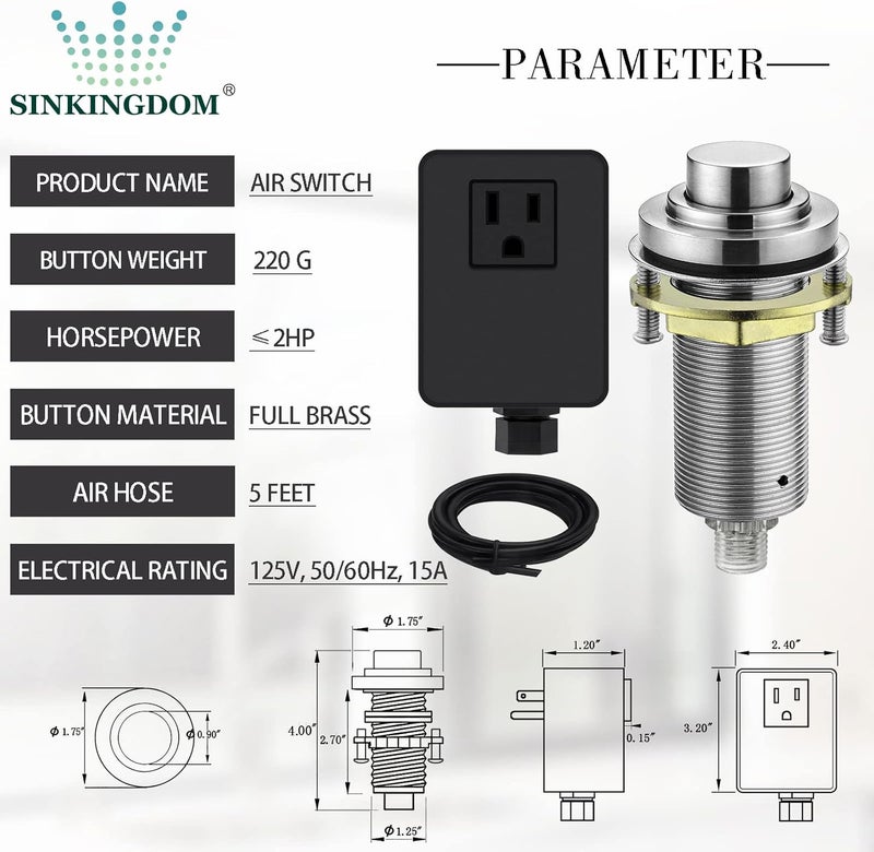 SINKINGDOM SinkTop Air Switch Kit (Long Full Brass Button) for Garbage Disposal, Cordless Brushed Nickel - Image 2