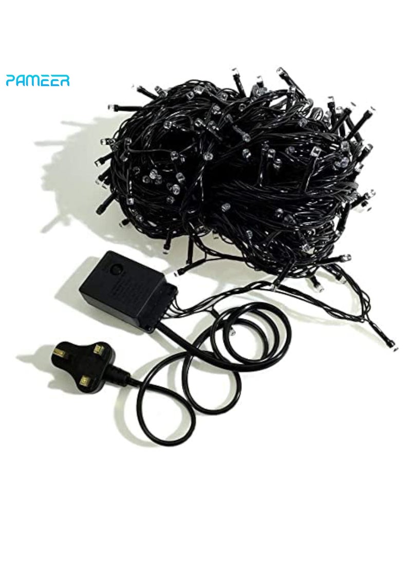 PAMEER - Warm White LED String Lights Black Wire Plug-in 15mtr 200 LEDs String Home Decorative LED Strip for Christmas EID Ramadan Diwali and Wedding Parties Decoration Box Button Control 8 Modes - Image 1