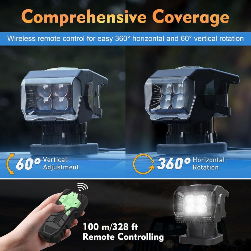 BIGACOVER Remote Control LED Spotlight, 50W Outdoor Searchlight 360°Rotating Automatic LED Spotlight for Truck Boat with 5 Strong Magnets, Waterproof Go Outdoor Spot Lights for 12V/24V - Image 3