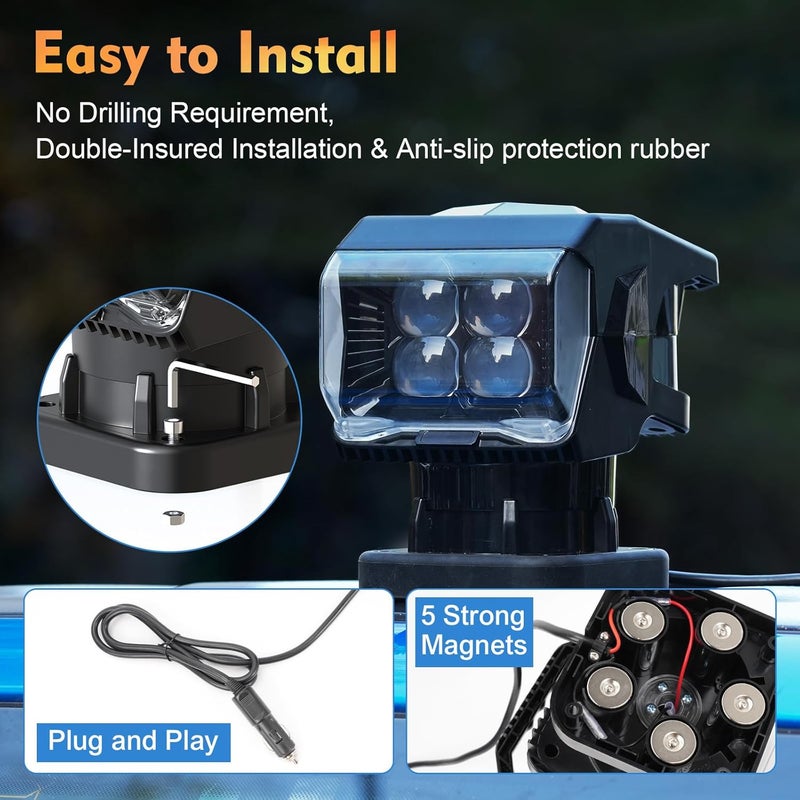 BIGACOVER Remote Control LED Spotlight, 50W Outdoor Searchlight 360°Rotating Automatic LED Spotlight for Truck Boat with 5 Strong Magnets, Waterproof Go Outdoor Spot Lights for 12V/24V - Image 5