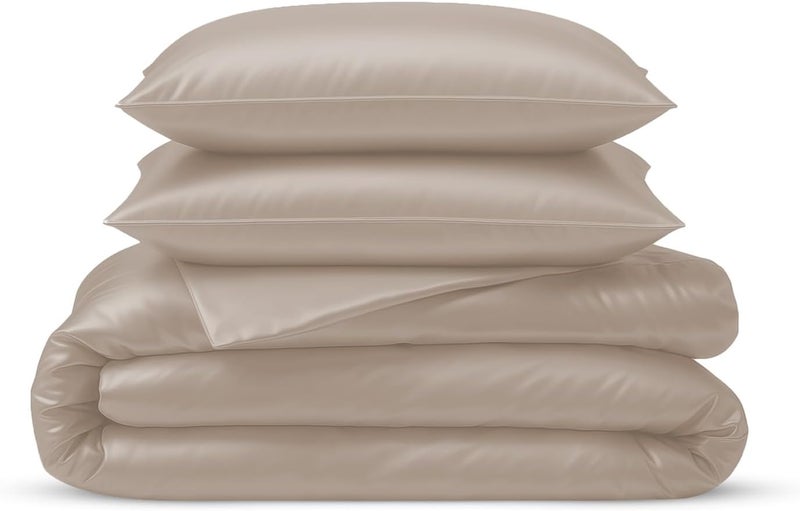 LINENWALAS 100% Natural Bamboo 3-Piece Duvet cover sham set with Zipper and Corner Ties- Softest Cool Bedding Perfect for Skincare (Superking, Taupe) - Image 1