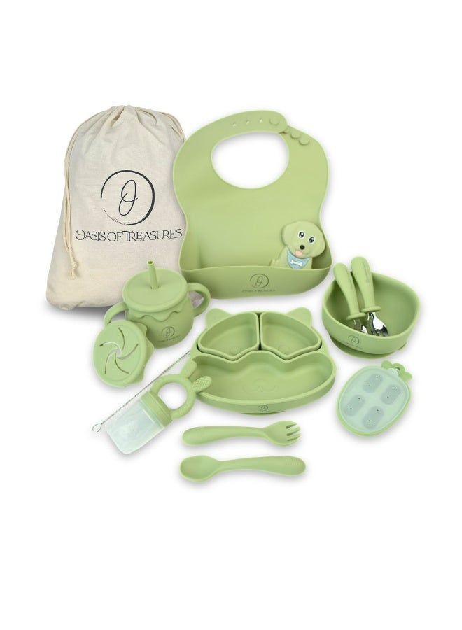 Oasis of Treasures – (17 Pieces) Complete Baby Feeding Set, Grows with Your Child, Premium Silicone Baby Led Weaning Set (Puppy, Olive)
