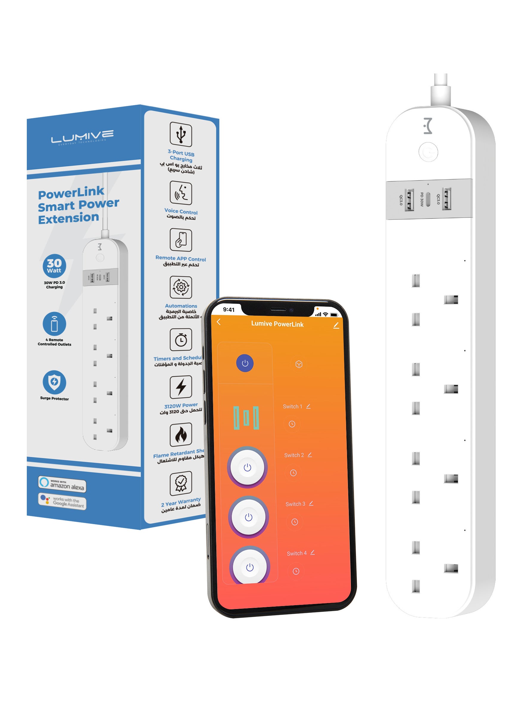 Lumive PowerLink a WiFi Smart Extension with a Surge Protection, 13A Rating, 4 Remotly controlled Smart Plugs, 30W charger with 3 USB Ports, App control, Timing & Schedules, Compatible with Alexa 