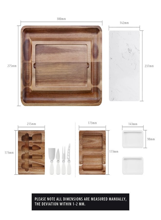 Hecef Acacia Wood Cheese Board Set, Square Cheese Platter with 2 Slide-Out Drawers& Cutlery Set& Snack Plates& Marble Cheese Slate, Perfect Charcuterie Board for Serving Appetizers and Fruits (White) - Image 3