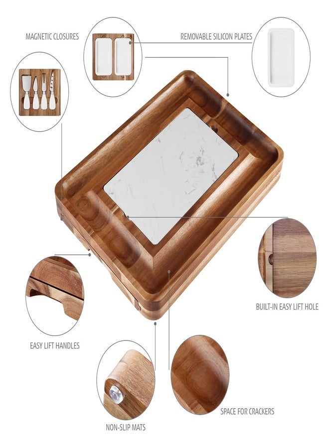 Hecef Acacia Wood Cheese Board Set, Square Cheese Platter with 2 Slide-Out Drawers& Cutlery Set& Snack Plates& Marble Cheese Slate, Perfect Charcuterie Board for Serving Appetizers and Fruits (White) - Image 4