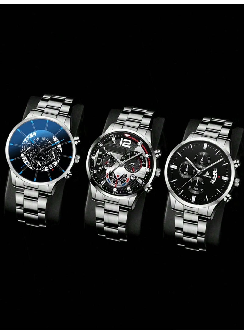 3-Piece Men's Versatile Silver Watch Set Perfect for any occasion, the ideal holiday or birthday gift for him.