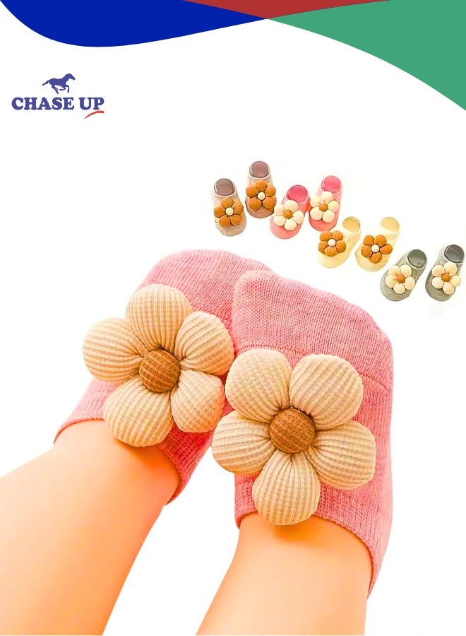 Chase Up Baby Girls Socks, 4pairs Flower Non-Slip Grips, Socks Floral Anti Slip Grips for Newborn, Babies, Girls, Infant, Kids - Image 1