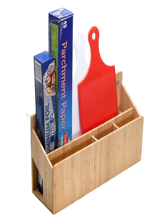 MobileVision Bamboo Wall Mounted Kitchen Organizer & Holder for Foil, Wax Paper, Plastic Wrap, Parchment Paper, Bags and More, Mounting Hardware Included - Image 3