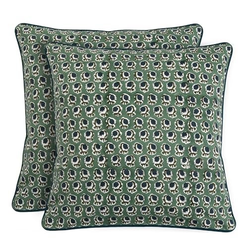 Ridhi Block Print Basil Green Pillow Cover 20 x 20 Pack of 2 Decorative Couch Pillows for Living Room Chic Boho Cute Outdoor Pillows Covers Gifts for Spring Easter and Valentine - Image 1