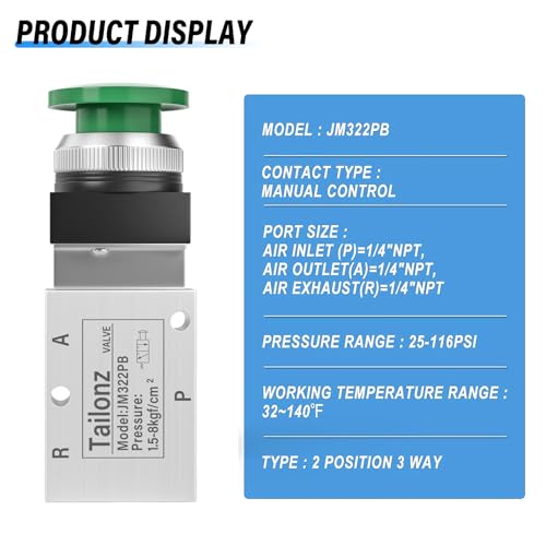 TAILONZ PNEUMATIC Green 1/4”NPT Manual Control type Mushroom Push Button 3 Way 2 Position Pneumatic Control Mechanical Valve - Image 4