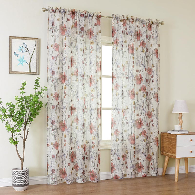 OWENIE Crushed Sheer Curtains 96 Inch Length 2 Panels Set  Sheer Floral Curtains Printed Drapes on Sheers for Living Room  Rod Pocket Light Filtering Window Sheers 42"" W x 96"" L - Image 1