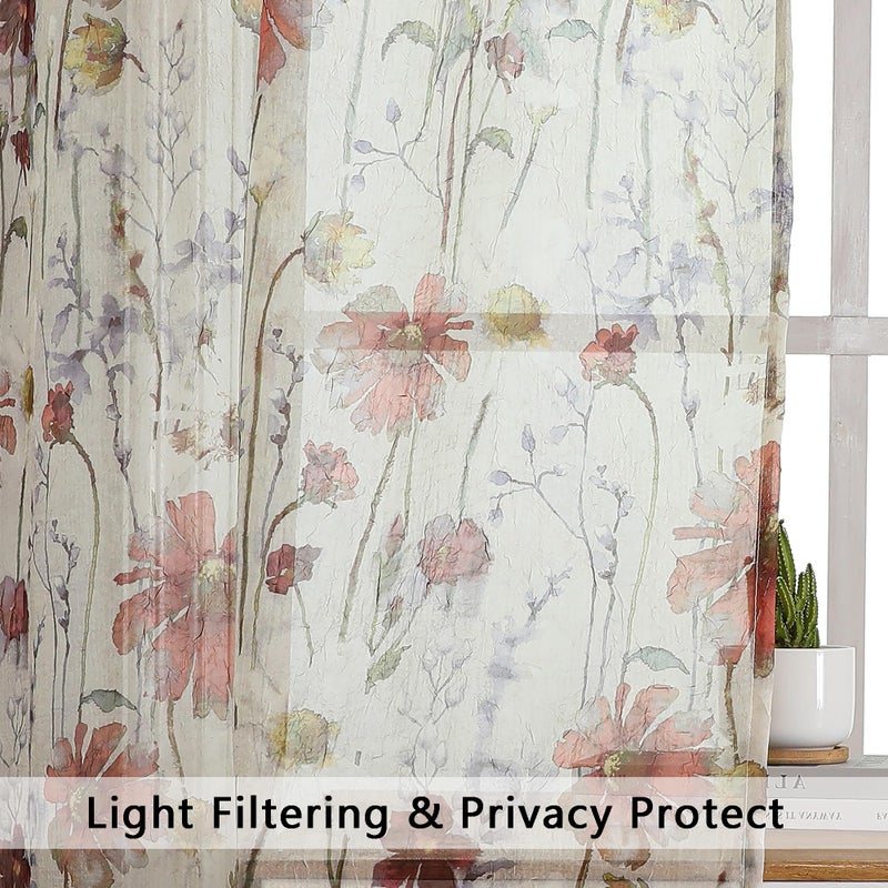 OWENIE Crushed Sheer Curtains 96 Inch Length 2 Panels Set  Sheer Floral Curtains Printed Drapes on Sheers for Living Room  Rod Pocket Light Filtering Window Sheers 42"" W x 96"" L - Image 3
