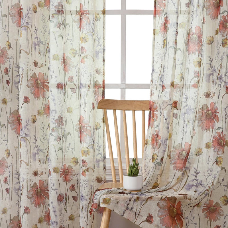 OWENIE Crushed Sheer Curtains 96 Inch Length 2 Panels Set  Sheer Floral Curtains Printed Drapes on Sheers for Living Room  Rod Pocket Light Filtering Window Sheers 42"" W x 96"" L - Image 2