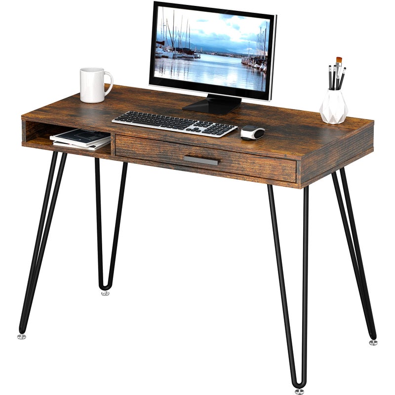 SHW Home Office Computer Hairpin Leg Desk with Drawer Rustic Brown