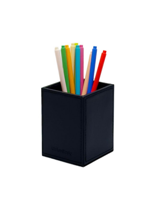 UnionBasic Square Pen Holder, Leather Pencil Cup, Desktop Caddy Stationery Organizer, Black  - Image 1