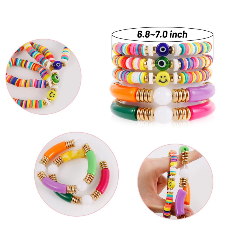 Badu Colorful Bamboo Tube Bangles Bracelet Chunky Curved Stacking Clear Acrylic Colorful Beads Stretchable Friendship Gold Bracelets Gifts For Bestfriends, Couple - Image 2