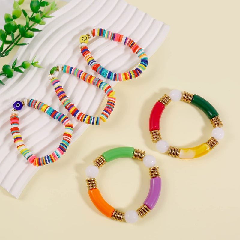 Badu Colorful Bamboo Tube Bangles Bracelet Chunky Curved Stacking Clear Acrylic Colorful Beads Stretchable Friendship Gold Bracelets Gifts For Bestfriends, Couple - Image 4