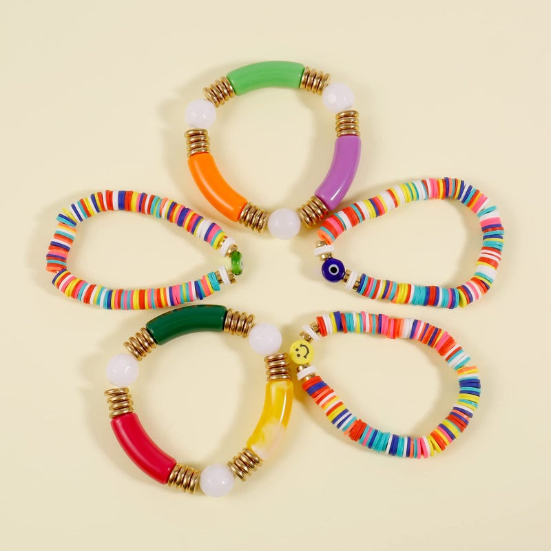 Badu Colorful Bamboo Tube Bangles Bracelet Chunky Curved Stacking Clear Acrylic Colorful Beads Stretchable Friendship Gold Bracelets Gifts For Bestfriends, Couple - Image 5