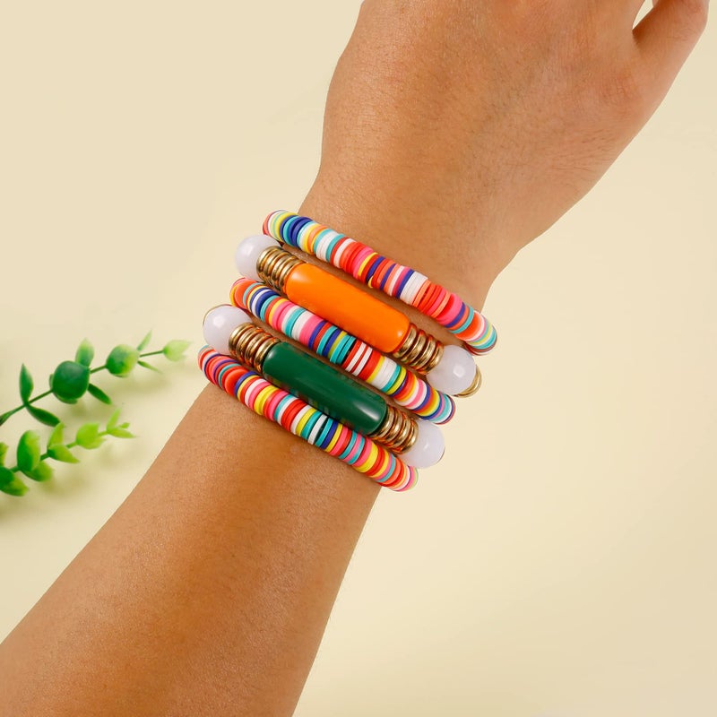 Badu Colorful Bamboo Tube Bangles Bracelet Chunky Curved Stacking Clear Acrylic Colorful Beads Stretchable Friendship Gold Bracelets Gifts For Bestfriends, Couple - Image 3