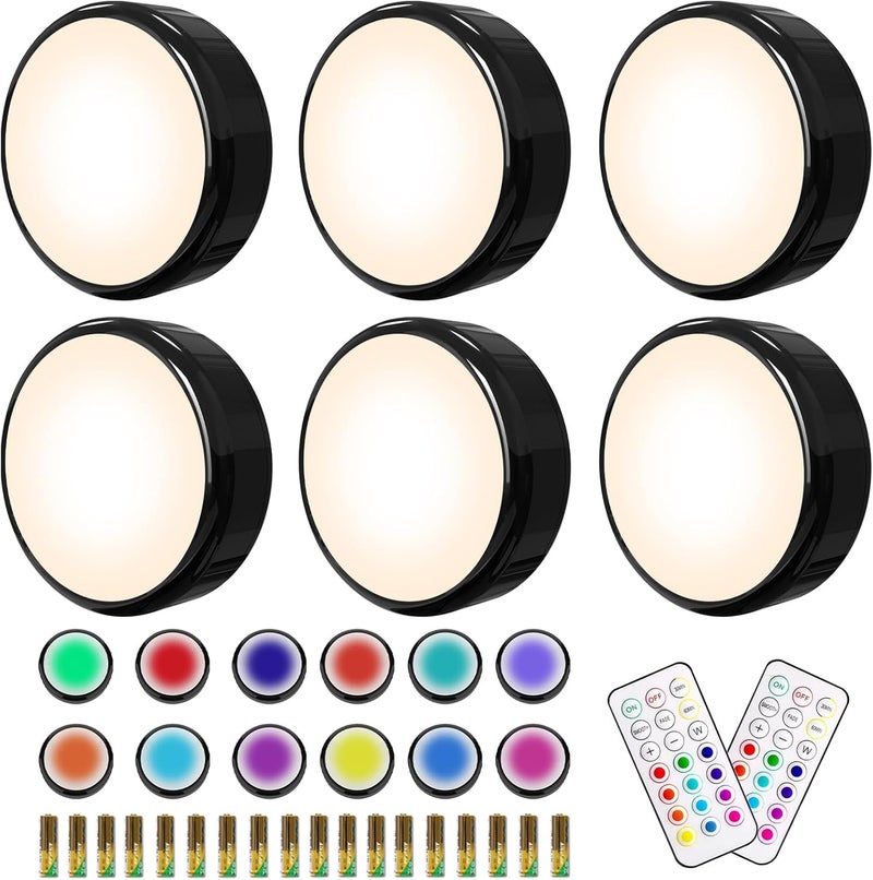 HELPLEX Puck Lights, 16 Colors Changeable Under Cabinet Lights Battery Powered Dimmable LED Puck lightings Under Counter Lights, with 2 Remote Controls, Timing Function, 18 AA Batteries - Image 1