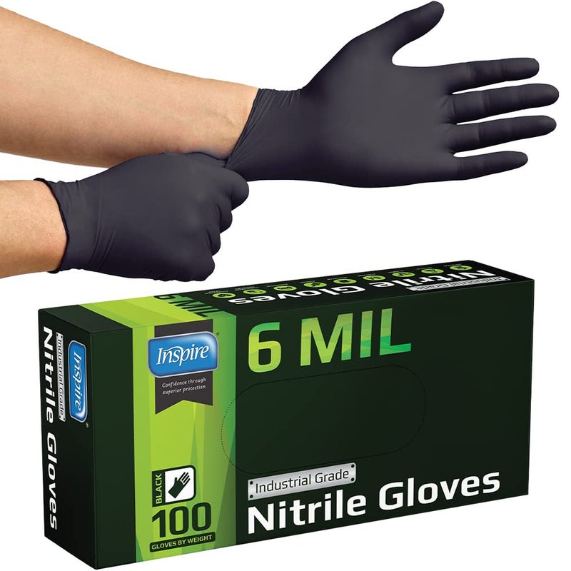 Inspire Black Nitrile Gloves HEAVY DUTY 6 Mil Nitrile Chemical Resistant Medical Cooking Cleaning Disposable Black Gloves (Black Nitrile Box Of 100, Large) - Image 1