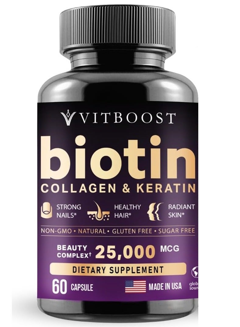 VITBOOST Biotin with Collagen and Keratin – 25000 mcg, 60 Capsule - Image 2
