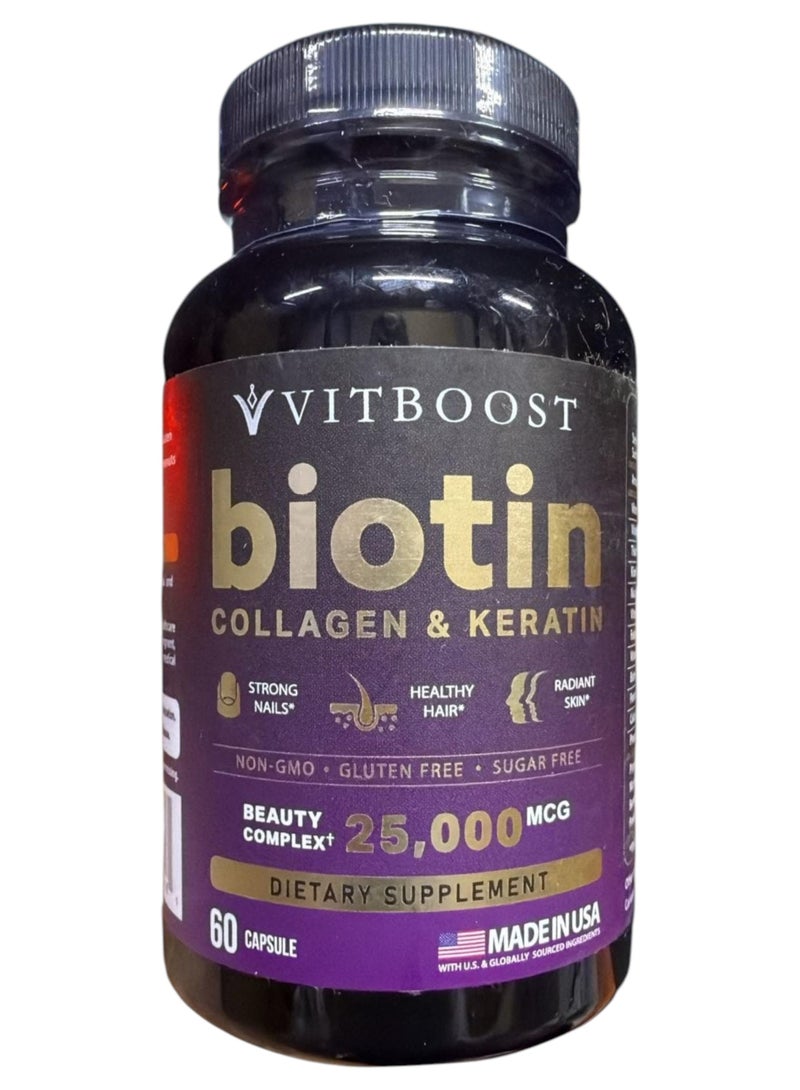 VITBOOST Biotin with Collagen and Keratin – 25000 mcg, 60 Capsule - Image 1