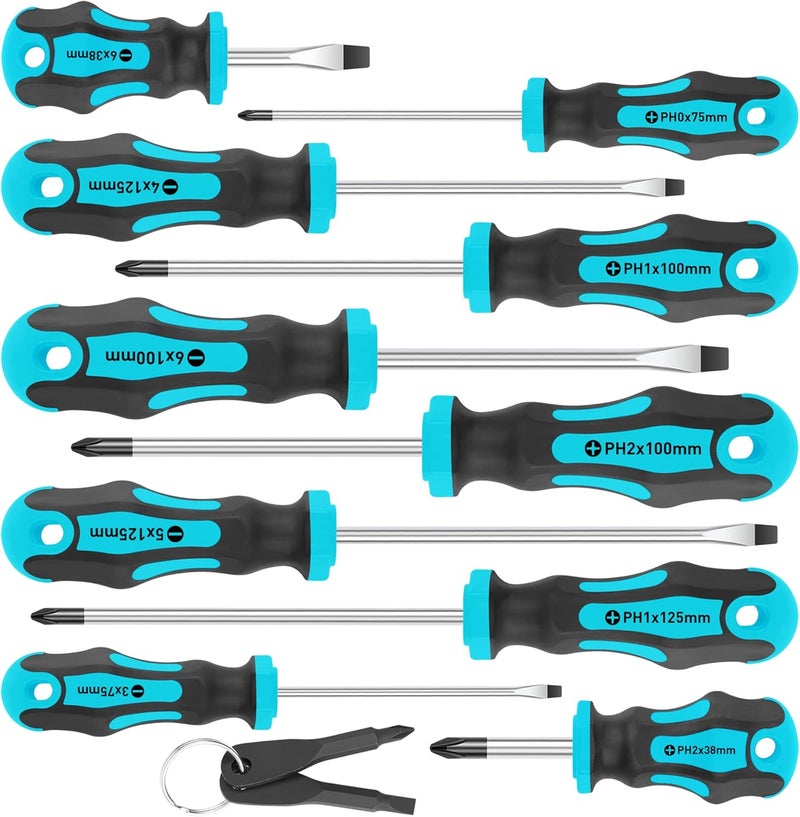 Amartisan 10-Piece Magnetic Screwdrivers Set, 5 Phillips and 5 Slotted Tips Professional Cushion Grip Screwdriver Set 2pcs Portable Multifunction Key Mini Screwdriver (Blue) - Image 1
