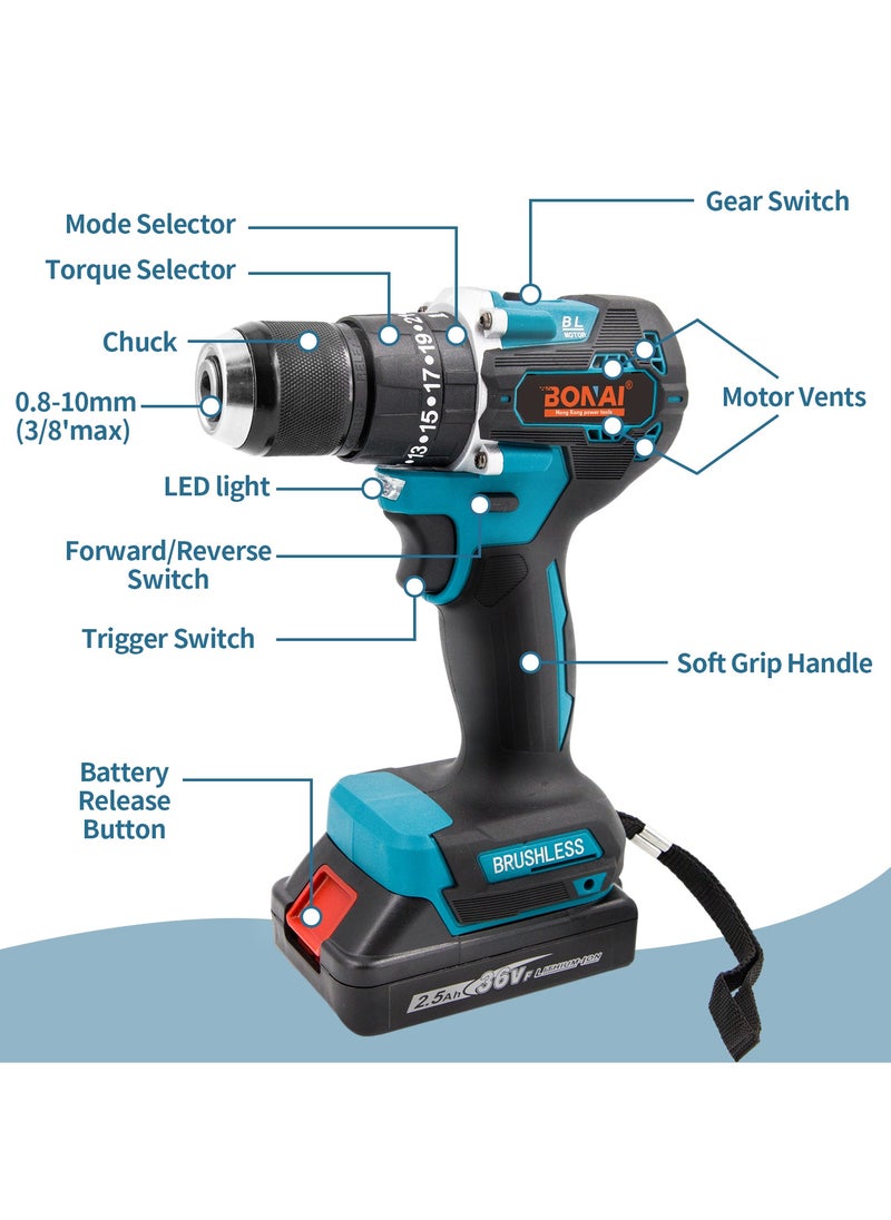 BONAI - BONAI 36V Cordless Drill Set with 6 Bits, Flexible Extender, Car Polisher Attachment, Cutter, and More - Unleash Precision and Power in Every Project! - Image 1