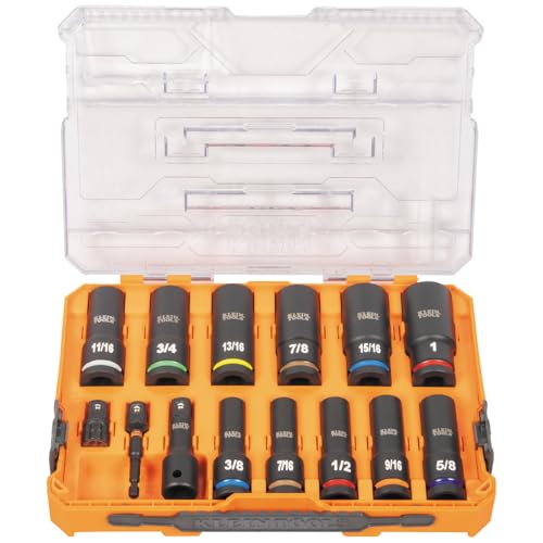 Klein Tools 65111IMPCT KNECT DeepWell Impact Socket Set 12Inch Drive SAE Color Coded MODbox Case Impact Adapter and Extension 14Piece