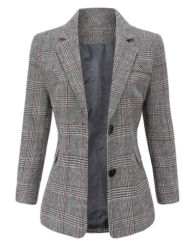 ebossy Women's Notch Lapel 2 Button Boyfriend Blazer Suit Houndstooth Plaid Jacket Coat (Medium, Grey) - Image 1