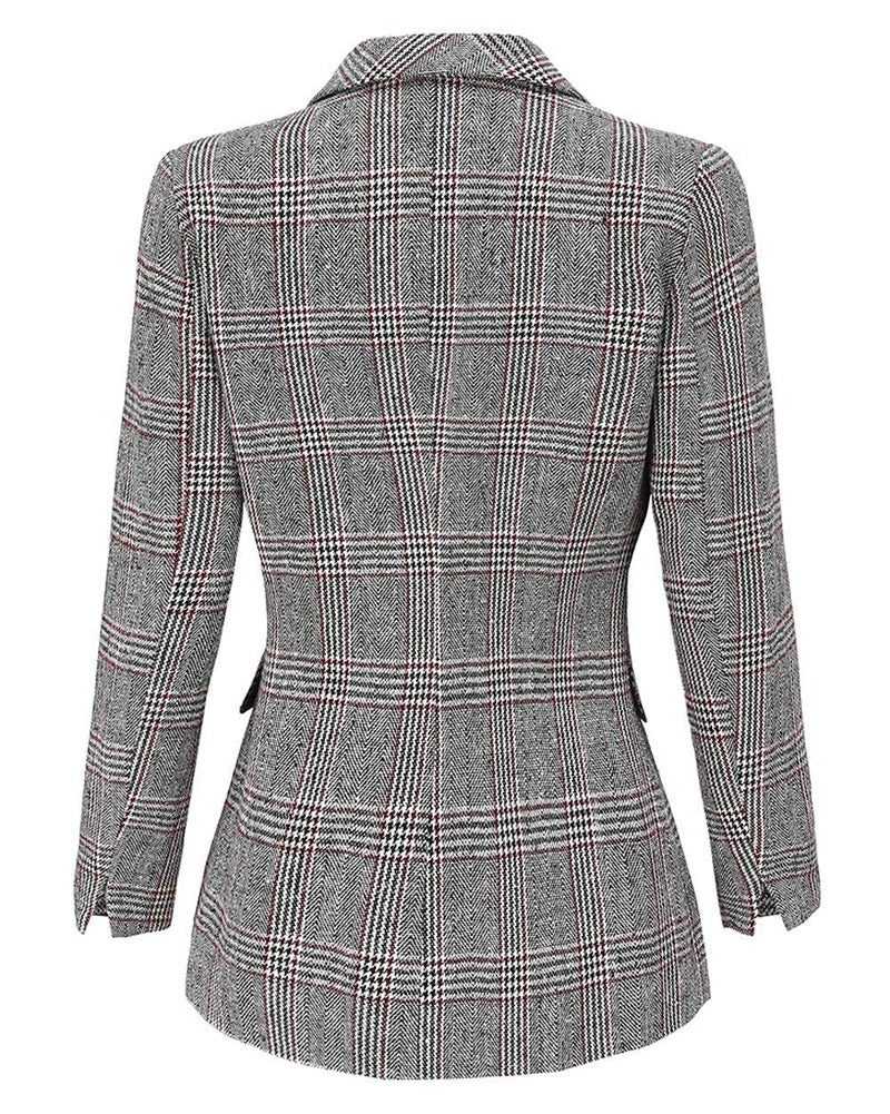 ebossy Women's Notch Lapel 2 Button Boyfriend Blazer Suit Houndstooth Plaid Jacket Coat (Medium, Grey) - Image 2