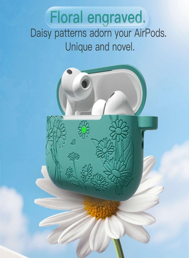 DamonLight for AirPods Pro 3 Case (2025) DamonLight Daisy Floral Engraved Shockproof Protective Soft Silicone Case Cover with Cleaning Pen and Keychain for Apple Airpods Pro 3rd Generation (Forest Green) - Image 2