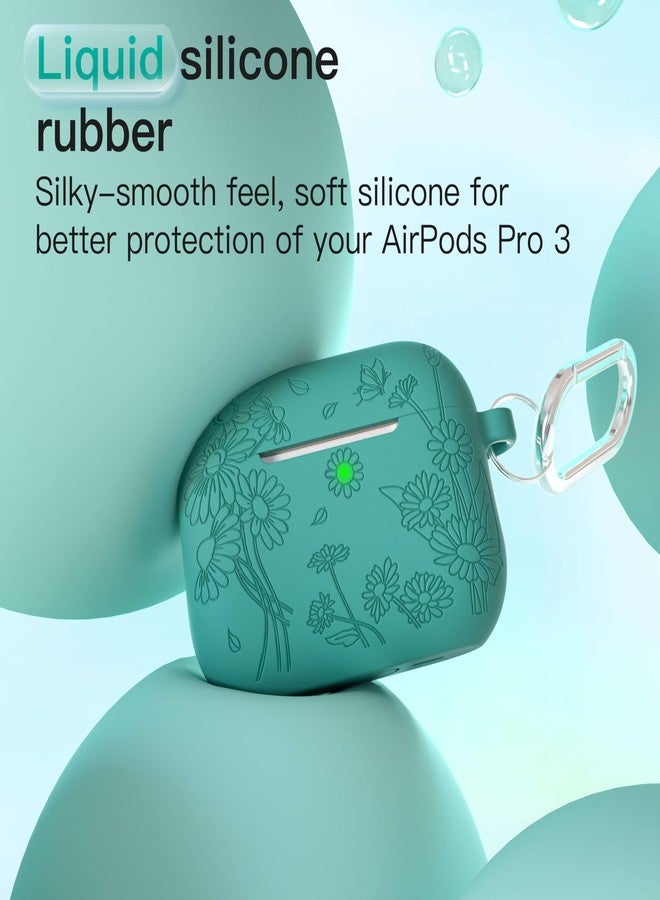 DamonLight for AirPods Pro 3 Case (2025) DamonLight Daisy Floral Engraved Shockproof Protective Soft Silicone Case Cover with Cleaning Pen and Keychain for Apple Airpods Pro 3rd Generation (Forest Green) - Image 4