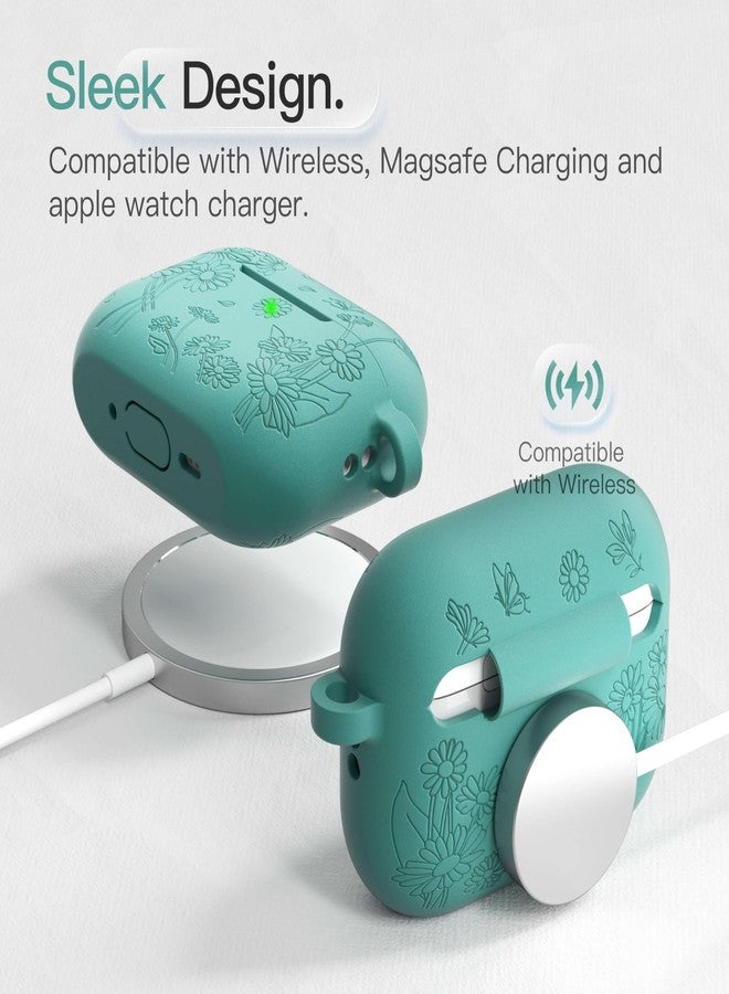 DamonLight for AirPods Pro 3 Case (2025) DamonLight Daisy Floral Engraved Shockproof Protective Soft Silicone Case Cover with Cleaning Pen and Keychain for Apple Airpods Pro 3rd Generation (Forest Green) - Image 5