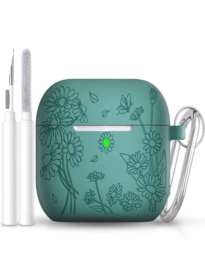 DamonLight for AirPods Pro 3 Case (2025) DamonLight Daisy Floral Engraved Shockproof Protective Soft Silicone Case Cover with Cleaning Pen and Keychain for Apple Airpods Pro 3rd Generation (Forest Green) - Image 1