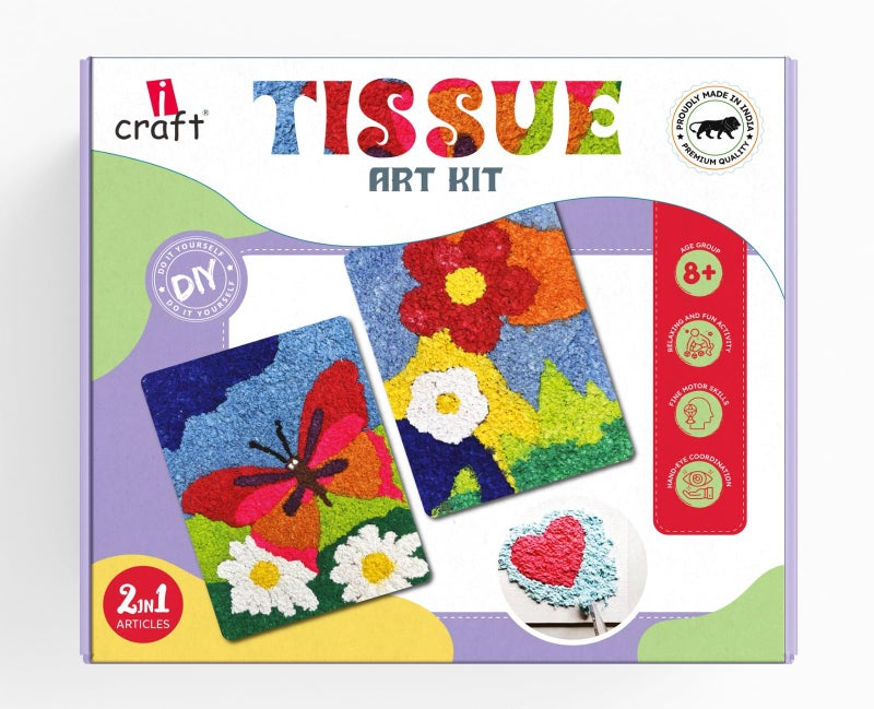 iCraft DIY Tissue Art Kit for Kids | Creative Tissue Paper Craft Set with Paint & Glue