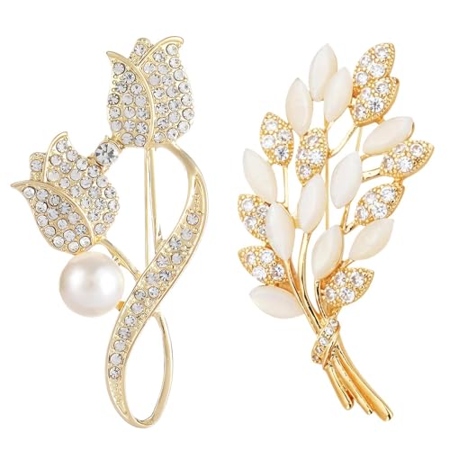 BharatBazaar 2Pcs Brooches for Women, Elegant Pearl and Alloy Saree Pins, Latest Fashion Brooch for Women, Versatile Accessory for Dresses, Blouses, Scarves and Bags - Image 1