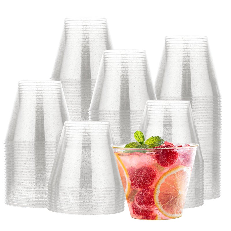 MATANA 120 Silver Plastic Cups  9oz Glitter Silver Cups  Clear Disposable Cocktail & Punch Cups for Parties and Weddings - Image 1