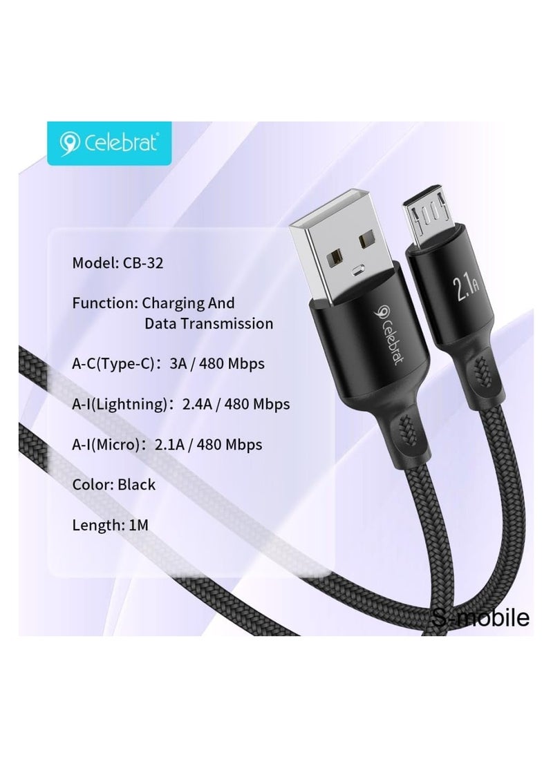 Celebrat Celebrat CB-33 Portable USB To Micro Fast Charge And Data Transmission Cable With Flat wire Design And Practical Fits Mobile Phone 2.1A /480mbps /1M - Black  - Image 3