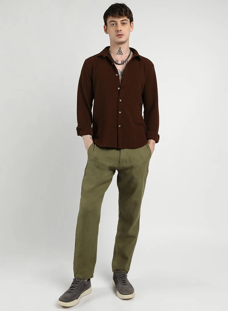 Campus Sutra Campus Sutra Men's Chocolate Brown Ripple Box Shirt For Casual Wear | Spread Collar | Long Sleeve | Button Closure | Shirt Crafted With Comfort Fit For Everyday Wear