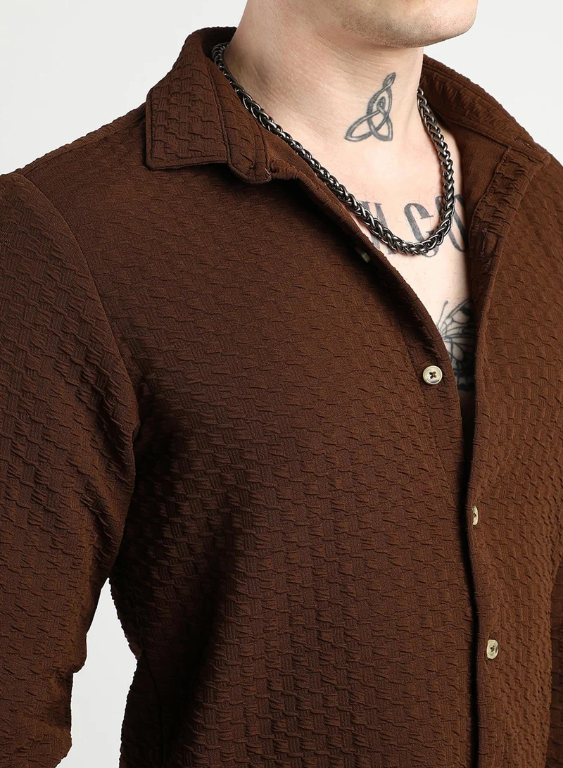 Campus Sutra Campus Sutra Men's Chocolate Brown Ripple Box Shirt For Casual Wear | Spread Collar | Long Sleeve | Button Closure | Shirt Crafted With Comfort Fit For Everyday Wear
