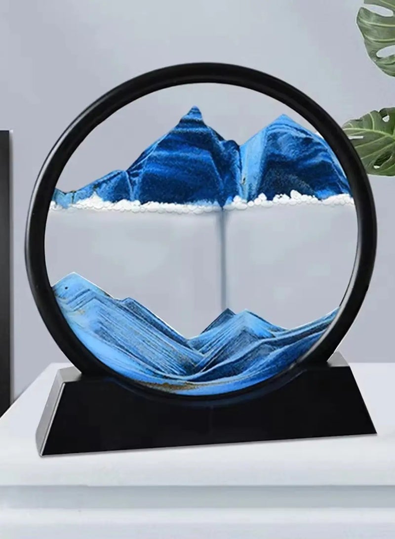 يونك YONK 3D حركة فنية رملية ديناميكية سائلة، صورة فنية رملية متحركة زجاج مستدير ثلاثي الأبعاد منظر رملي للبحر العميق في عرض الحركة إطار رملي متدفق للاسترخاء على سطح المكتب والمكتب المنزلي وديكور العمل (7 بوصات، رمل أزرق)  - Image 1