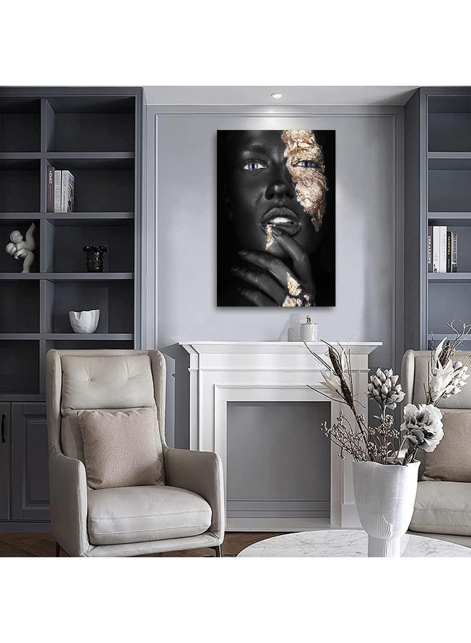 HYFBH African American Woman Canvas Wall Art, Black Gold Woman Wall Picture Black Girl Portrait Painting Modern Home Living Room Decor Framed 12”x16” - Image 5